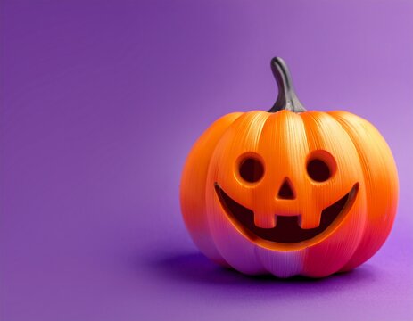 Smiling Halloween orange and lilac pumpkin on a bright purple background with copy space. Generated image