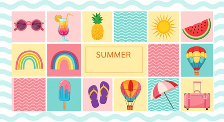 Pixel Art Summer Vacation Elements and Trendy Objects