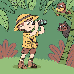 Jungle Exploration: A curious child, dressed in explorer attire, uses binoculars to observe wildlife in a vibrant jungle setting. Two playful sloths peek from the trees.