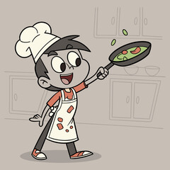Young Chef in Action: A cheerful cartoon depicts a young boy, decked out in a chef's hat and apron, playfully tossing ingredients in a pan, creating a whimsical celebration of culinary artistry.