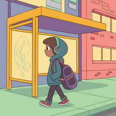 Waiting for the Bus: A young person with headphones and a backpack walks past a bus stop in a vibrant, stylized cityscape. The illustration captures a moment of quiet contemplation and everyday life.