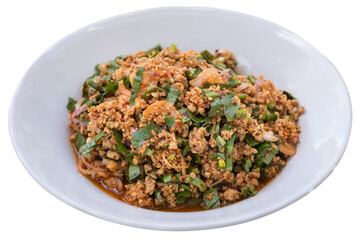 Homemade Thai Spicy Minced Pork Salad (Larb Moo) on White Plate Isolated on Transparent Background