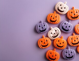 Pink, lilac and orange Halloween pumpkin on lilac background with copy space. Generated image