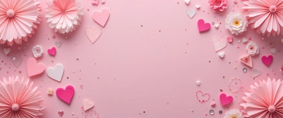 Craft-inspired background with crepe paper decor, soft felt hearts, and scattered sequins on a pastel pink canvas.
