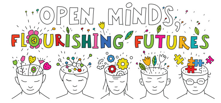 Bright vector illustration of open minds blooming with different ideas.