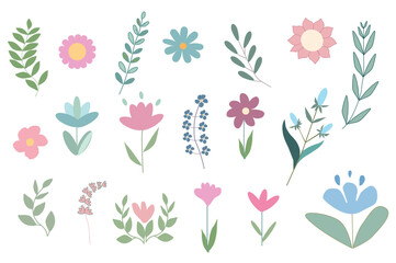 Set of summer pastel flower elements vector. Collection botanical  of wildflower and leaf on branch, on white background. Hand drawn floral illustration for card, easter, poster, clipart