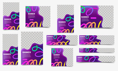 Web banners with curved rainbow gradient lines. Different sizes template. Ads, websites, presentations, and digital projects concept.