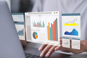 Business investment diagram risk analysis concept. Statistics, banking, financial analytics and profit analytics Businessman working with data analytics dashboard for business.