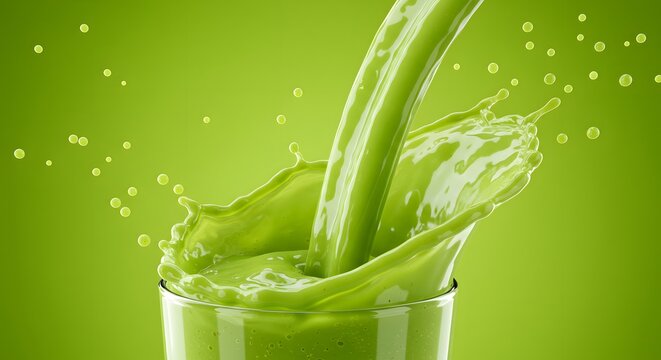 Green Smoothie Pour: Refreshing splash of vibrant liquid fills a glass, creating dynamic movement and energy.