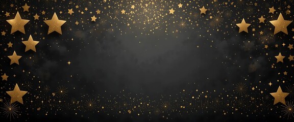 Fototapeta premium New Year celebration background with metallic gold stars, dark black base, and elegant shimmer dots along the border.