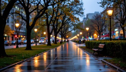 Obraz premium Tranquil Evening Stroll Wet Pavement Reflecting City Lights and Autumn Trees