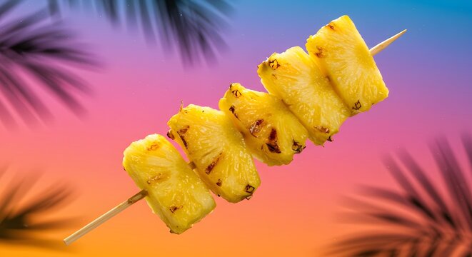 Grilled pineapple skewer with tropical gradient background, perfect for a summer treat or vacation theme.