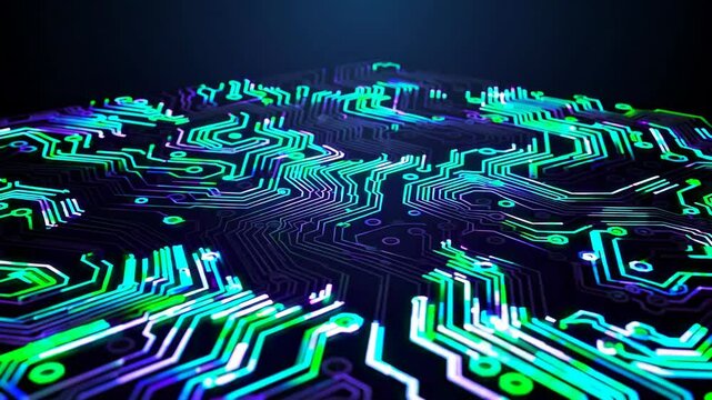 background of a shiny glowing circuit board with intricate patterns of light, representing technology and innovation