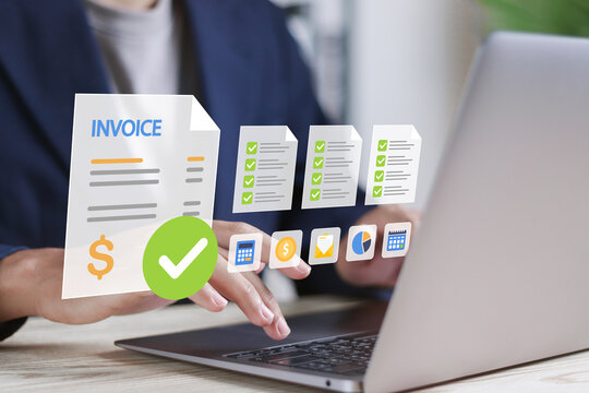 E-invoice and online digital statements concept, Electronic tax invoice. Businessman working with digital invoice management system on computer laptop. - Powered by Adobe