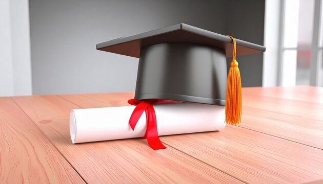 Graduation Triumph: A mortarboard sits atop a rolled diploma, symbolizing achievement in education. A vivid symbol of success and the culmination of hard work, set against a gentle, neutral backdrop.