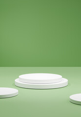 Minimal green scene with a round white podium in the center, Creating a modern and clean presentation concept with layered platforms and a soft shadow on a green background.