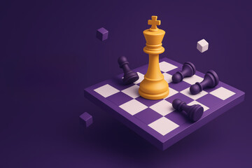 Strategy and leadership are symbolized by a golden standing firmly on a tilted purple and white chessboard illustrating dominance and decision-making in business