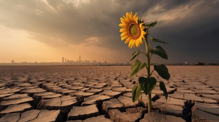 Sunflower growing in dry cracked earth, climate change concept.