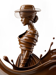 Beautiful Silhouette of Woman Wearing Veil Hat and Dress from Chocolate Splashes with World Chocolate Day Text on Empty White Background