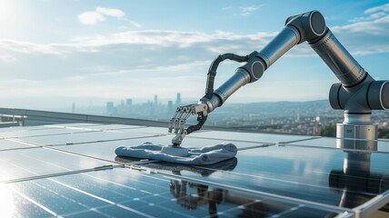 Robotic arm cleaning solar panels on a rooftop.