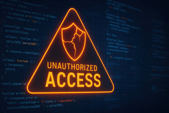 A glowing triangular warning sign signals restricted entry emphasizing security and protection in digital environments