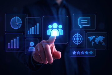 A human selecting a user profile icon on a futuristic digital interface filled with business analytics ratings and global data visuals