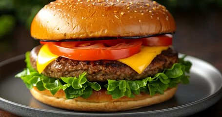 A close-up of a delicious burger, featuring a bun, lettuce, tomato slice and cheddar cheese on a metal plate. The background blurred with a blurred background - Powered by Adobe
