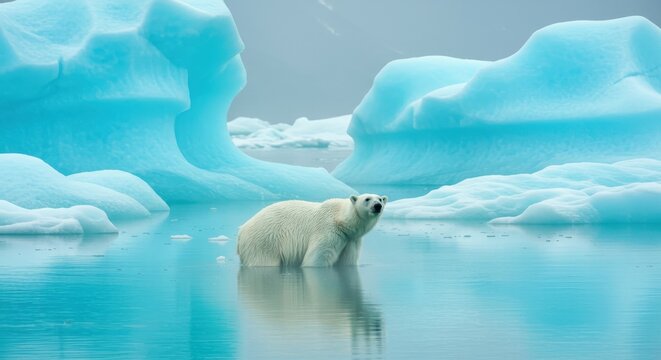 Polar bear in icy water with icebergs, climate change concept.