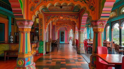 Indian palace interior with colorful walls and intricate archways.
