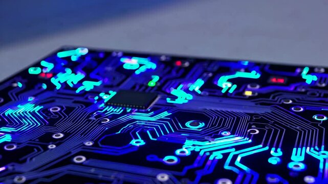 background of a shiny glowing circuit board with intricate patterns of light, representing technology and innovation