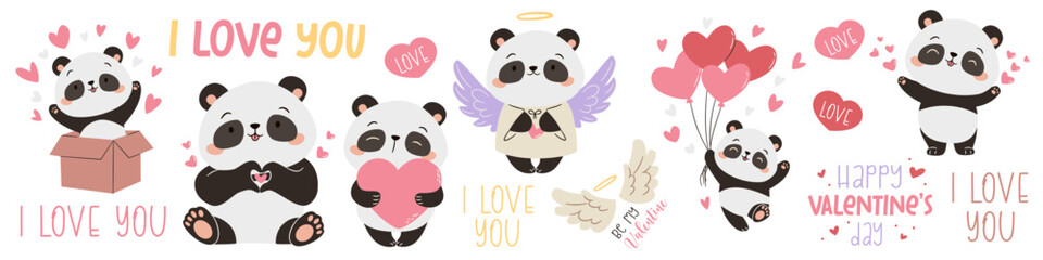 A set of flat vector illustrations in a simple children's style. Cute illustrations for valentine's day. Cute pandas with hearts, flying on balloons and jumping out of a box. Vector illustration