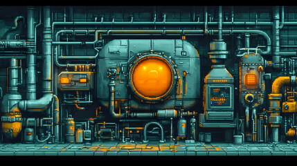 Obraz premium Futuristic Industrial Pixel Art Scene with Glowing Orange Tank