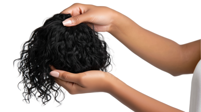 Holding Curly Hairpiece in Hands, PNG clipart element with transparency