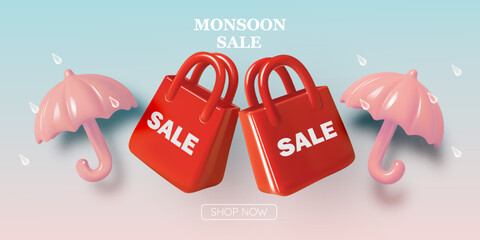 Monsoon Sale Illustration with Umbrella, Shopping Bags, Raindrops, and Clouds in a 3D Cartoon Style