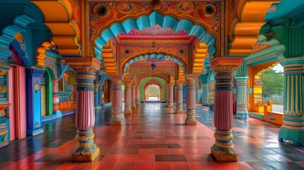 Vibrant hindu temple with colourful carvings, pillars and arched doorways.