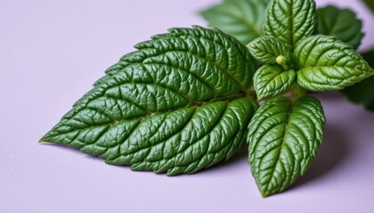 Close-up of vibrant green mint leaves showing detailed texture and veining on a plain light background perfect for herbal and natural themes