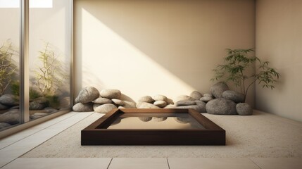 Close-up of a minimalist Zen room, stone accents, water feature, neutral beige tones