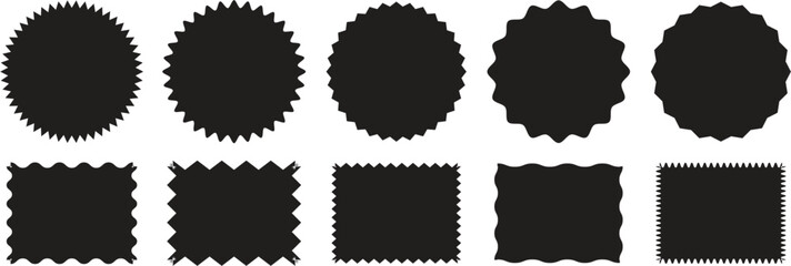 Black silhouette scalloped frames. Zigzag edge square and circle shapes, zigzag wavy edge square shapes set. Circle and square frames with wavy and zigzag edges., zigzag rounded shape collection