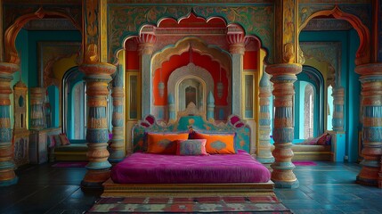 Ornate indian style bedroom with colorful bed and intricate bedframe.