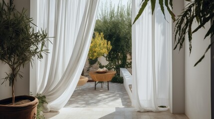 Close-up of a modern Mediterranean veranda, white curtains, stone flooring, light breeze