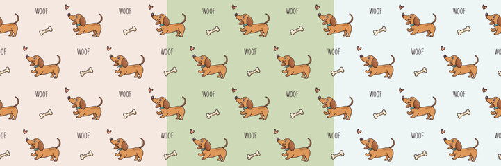 Cute cartoon corgi with heart and bone. Set of seamless vector patterns. For cards, packaging, textiles, backgrounds