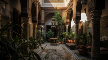 Close-up of a Moroccan riad courtyard, intricate mosaic tile floor, lush indoor plants, lantern lighting, exotic cushions
