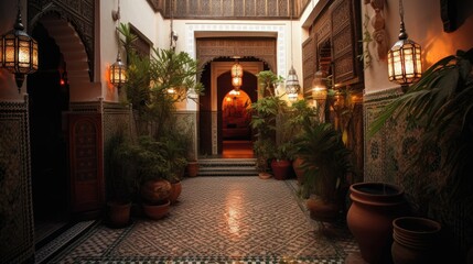 Close-up of a Moroccan riad courtyard, intricate mosaic tile floor, lush indoor plants, lantern lighting, exotic cushions