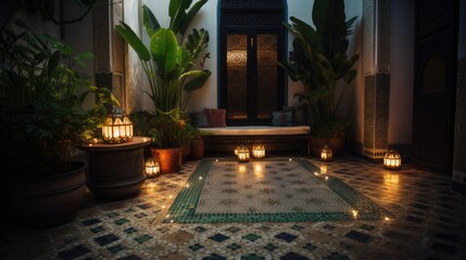 Close-up of a Moroccan riad courtyard, intricate mosaic tile floor, lush indoor plants, lantern lighting, exotic cushions
