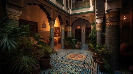 Close-up of a Moroccan riad courtyard, intricate mosaic tile floor, lush indoor plants, lantern lighting, exotic cushions
