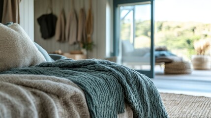 Close-up of a New Zealand coastal cottage, wool blanket, seagrass flooring, soft teal hues