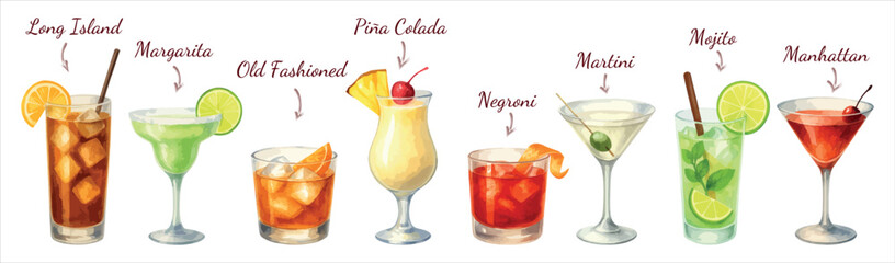 Stylish watercolor vector set of  cocktails with  names: Mojito, Margarita, Negroni, Martini, and more. Vectors isolated on white background, perfect for bar menus and drink packaging.