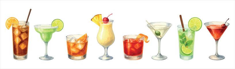 Watercolor vector set of classic cocktails including Margarita, Mojito, Martini, and more. Vectors isolated on white background. 