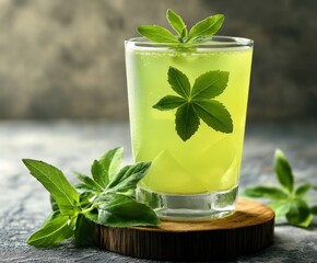 Traditional sweet woodruff lemonade in a glass with a fresh leaf with space for text