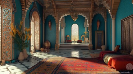 Interior of a luxurious moroccan palace with ornate archways.